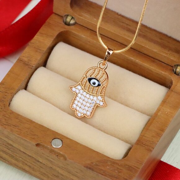 "Hamsa Hand Rose Gold Pendant with Evil Eye, XPPT1578 - Picture 8 of 13